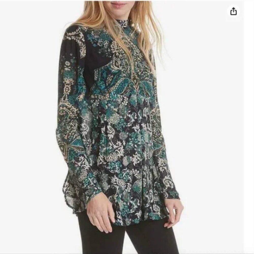 Free People Lady Luck Printed Tunic Green and Blue with Bell Sleeves Size Medium